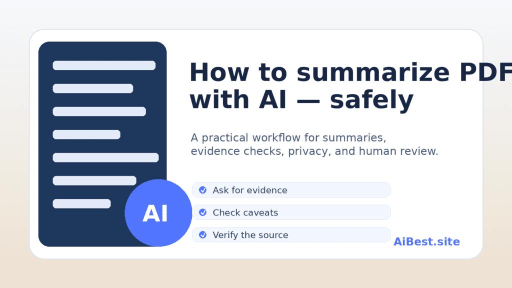 Editorial graphic for an AiBest guide about summarizing PDFs with AI safely
